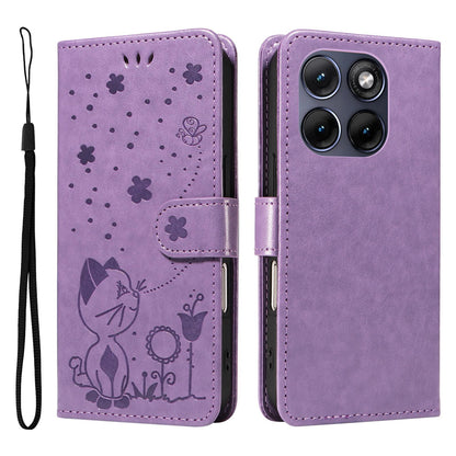 For Motorola Edge 70 Fusion 5G Cat and Bee Embossed Flip Leather Phone Case Wallet Cover with Card Slots Cash Pocket Magnetic Stand Protective Shockproof TPU PU Leather Case with Wrist Strap