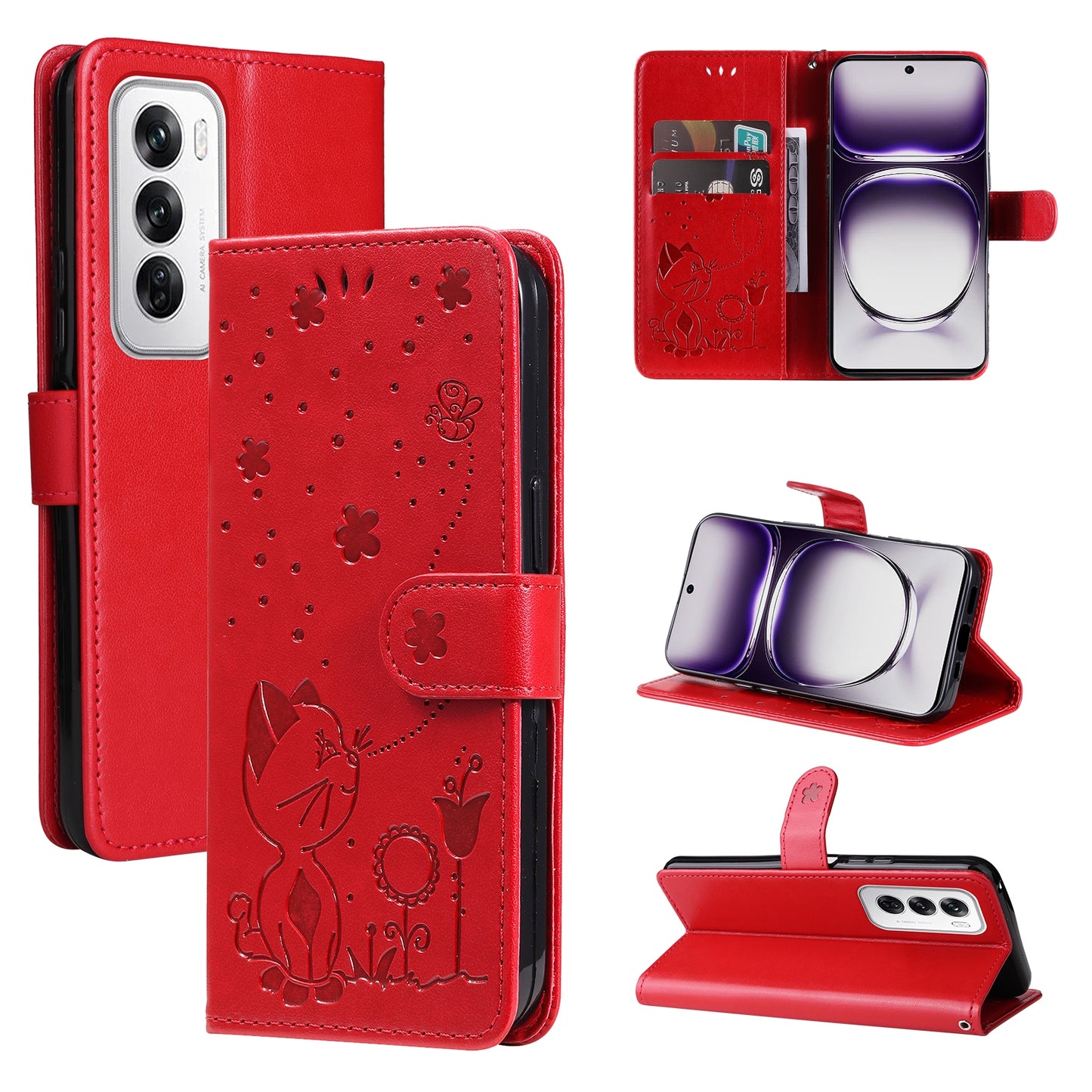 For OPPO Reno12 5G Cat and Bee Embossed Flip Leather Phone Case Wallet Cover with Card Slots Cash Pocket Magnetic Stand Protective Shockproof TPU PU Leather Case with Wrist Strap