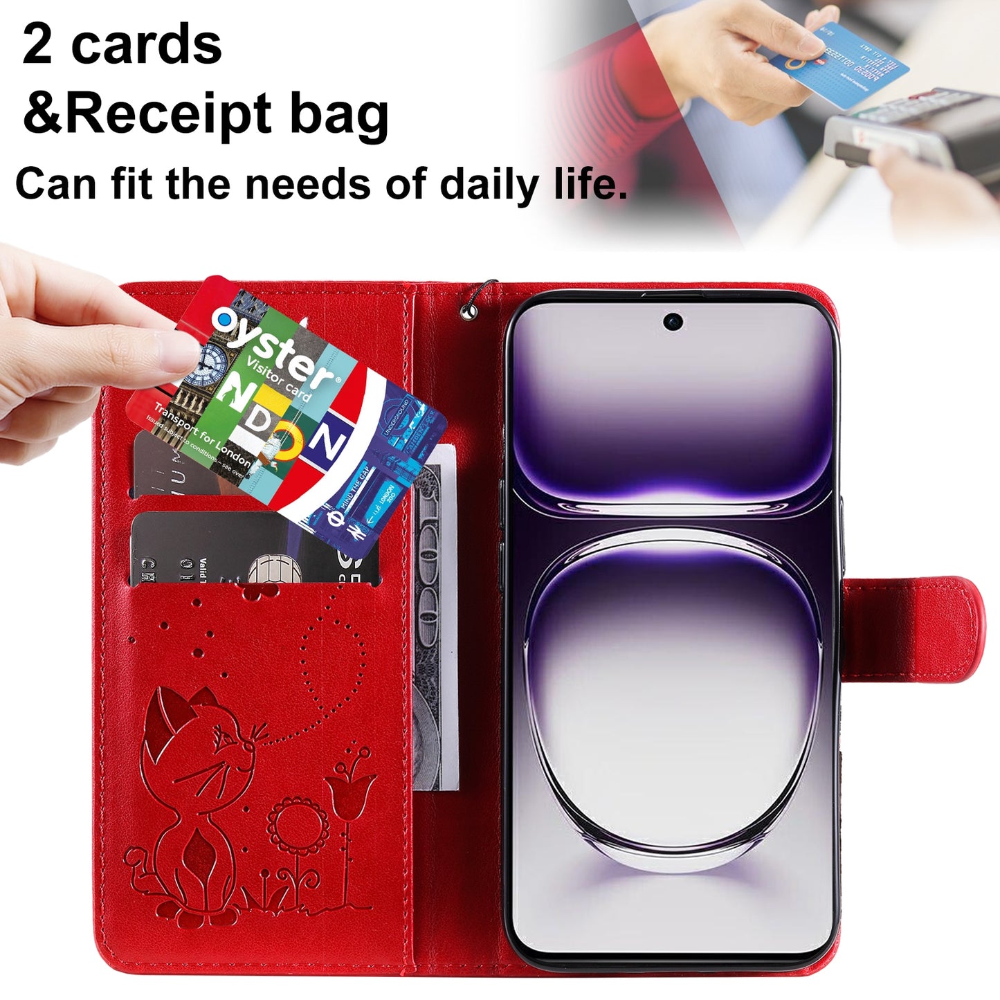 For OPPO Reno12 5G Cat and Bee Embossed Flip Leather Phone Case Wallet Cover with Card Slots Cash Pocket Magnetic Stand Protective Shockproof TPU PU Leather Case with Wrist Strap