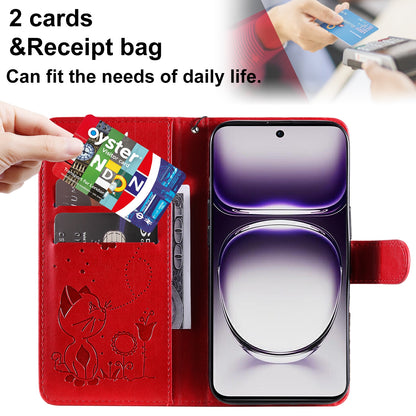 For OPPO Reno12 5G Cat and Bee Embossed Flip Leather Phone Case Wallet Cover with Card Slots Cash Pocket Magnetic Stand Protective Shockproof TPU PU Leather Case with Wrist Strap