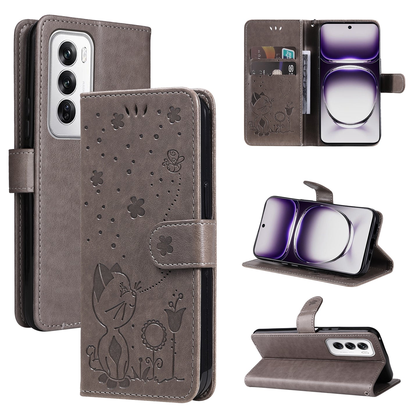 For OPPO Reno12 5G Cat and Bee Embossed Flip Leather Phone Case Wallet Cover with Card Slots Cash Pocket Magnetic Stand Protective Shockproof TPU PU Leather Case with Wrist Strap