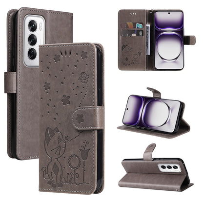 For OPPO Reno12 5G Cat and Bee Embossed Flip Leather Phone Case Wallet Cover with Card Slots Cash Pocket Magnetic Stand Protective Shockproof TPU PU Leather Case with Wrist Strap