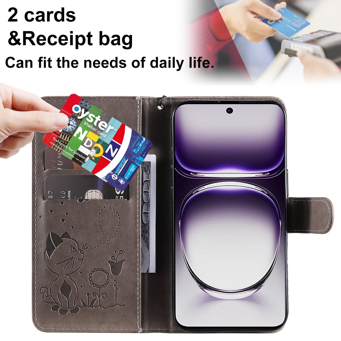 For OPPO Reno12 5G Cat and Bee Embossed Flip Leather Phone Case Wallet Cover with Card Slots Cash Pocket Magnetic Stand Protective Shockproof TPU PU Leather Case with Wrist Strap