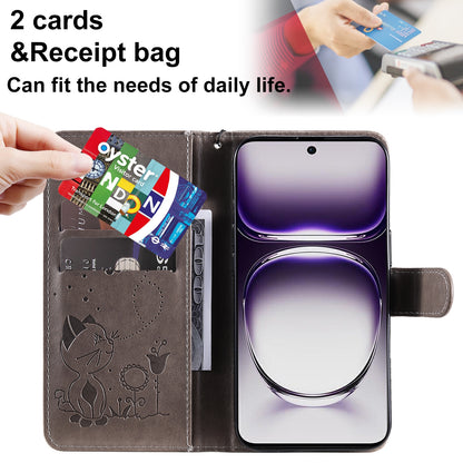 For OPPO Reno12 5G Cat and Bee Embossed Flip Leather Phone Case Wallet Cover with Card Slots Cash Pocket Magnetic Stand Protective Shockproof TPU PU Leather Case with Wrist Strap