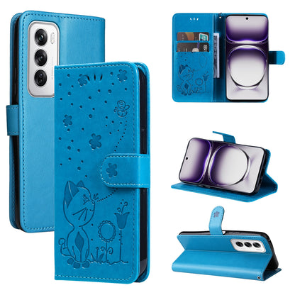 For OPPO Reno12 5G Cat and Bee Embossed Flip Leather Phone Case Wallet Cover with Card Slots Cash Pocket Magnetic Stand Protective Shockproof TPU PU Leather Case with Wrist Strap