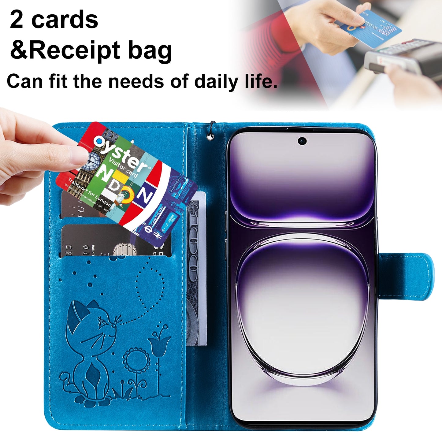 For OPPO Reno12 5G Cat and Bee Embossed Flip Leather Phone Case Wallet Cover with Card Slots Cash Pocket Magnetic Stand Protective Shockproof TPU PU Leather Case with Wrist Strap