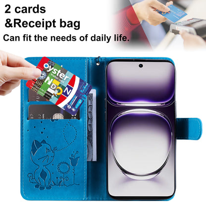 For OPPO Reno12 5G Cat and Bee Embossed Flip Leather Phone Case Wallet Cover with Card Slots Cash Pocket Magnetic Stand Protective Shockproof TPU PU Leather Case with Wrist Strap