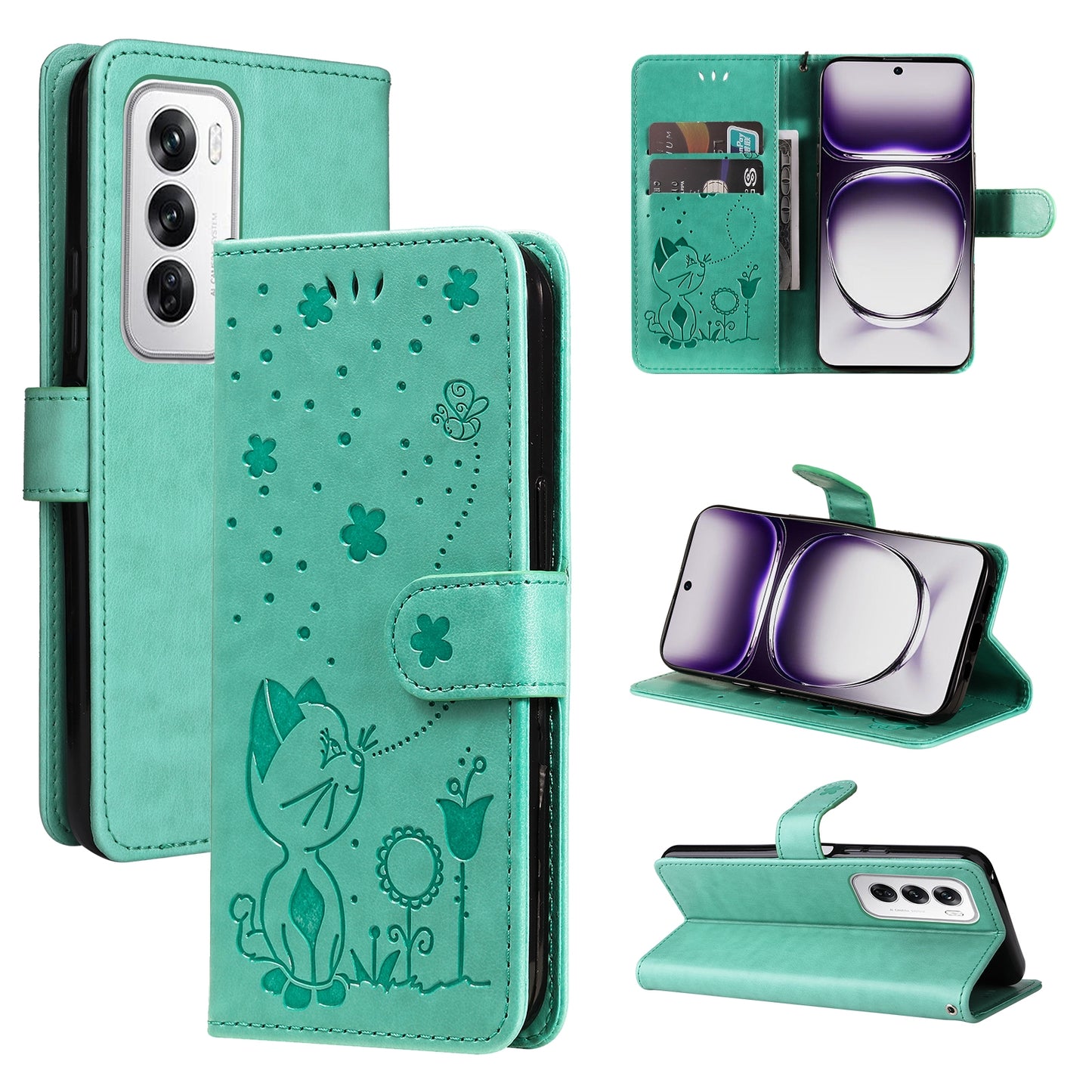 For OPPO Reno12 5G Cat and Bee Embossed Flip Leather Phone Case Wallet Cover with Card Slots Cash Pocket Magnetic Stand Protective Shockproof TPU PU Leather Case with Wrist Strap