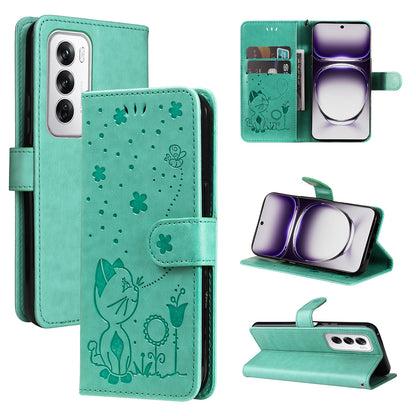 For OPPO Reno12 5G Cat and Bee Embossed Flip Leather Phone Case Wallet Cover with Card Slots Cash Pocket Magnetic Stand Protective Shockproof TPU PU Leather Case with Wrist Strap