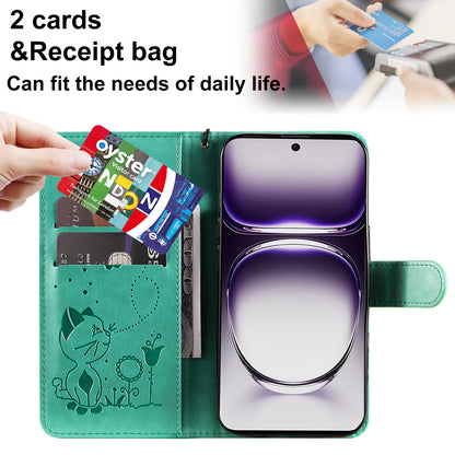 For OPPO Reno12 5G Cat and Bee Embossed Flip Leather Phone Case Wallet Cover with Card Slots Cash Pocket Magnetic Stand Protective Shockproof TPU PU Leather Case with Wrist Strap