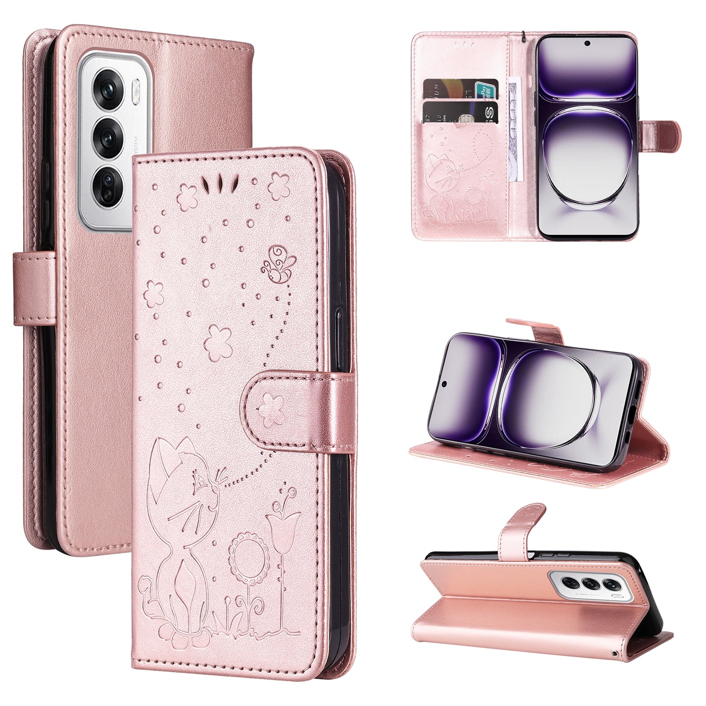 For OPPO Reno12 5G Cat and Bee Embossed Flip Leather Phone Case Wallet Cover with Card Slots Cash Pocket Magnetic Stand Protective Shockproof TPU PU Leather Case with Wrist Strap
