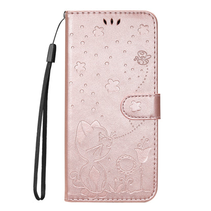 For OPPO Reno12 5G Cat and Bee Embossed Flip Leather Phone Case Wallet Cover with Card Slots Cash Pocket Magnetic Stand Protective Shockproof TPU PU Leather Case with Wrist Strap