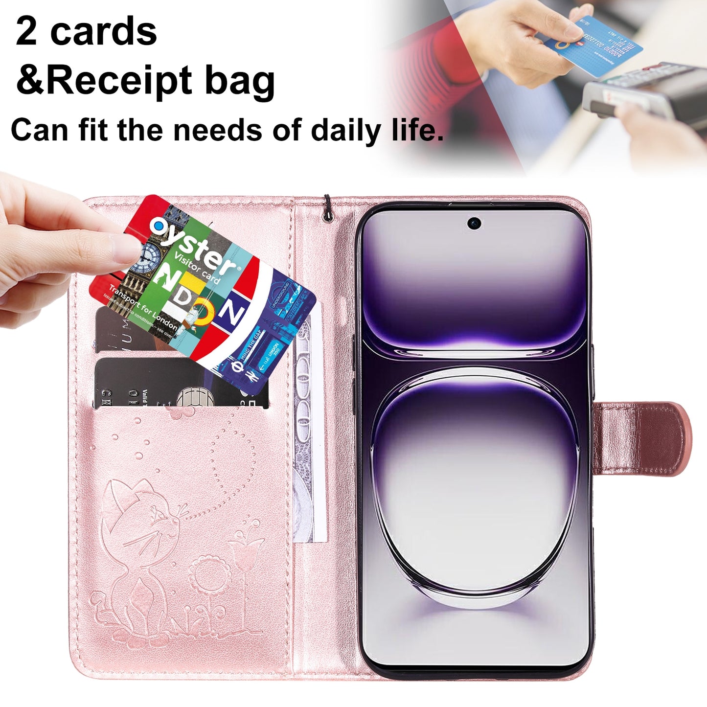 For OPPO Reno12 5G Cat and Bee Embossed Flip Leather Phone Case Wallet Cover with Card Slots Cash Pocket Magnetic Stand Protective Shockproof TPU PU Leather Case with Wrist Strap