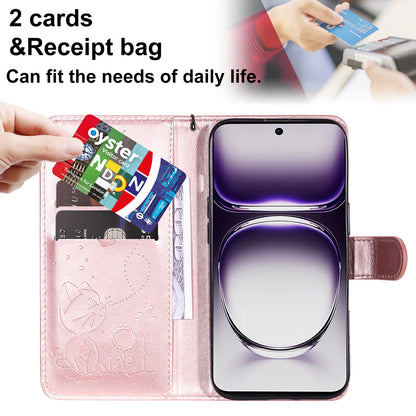 For OPPO Reno12 5G Cat and Bee Embossed Flip Leather Phone Case Wallet Cover with Card Slots Cash Pocket Magnetic Stand Protective Shockproof TPU PU Leather Case with Wrist Strap