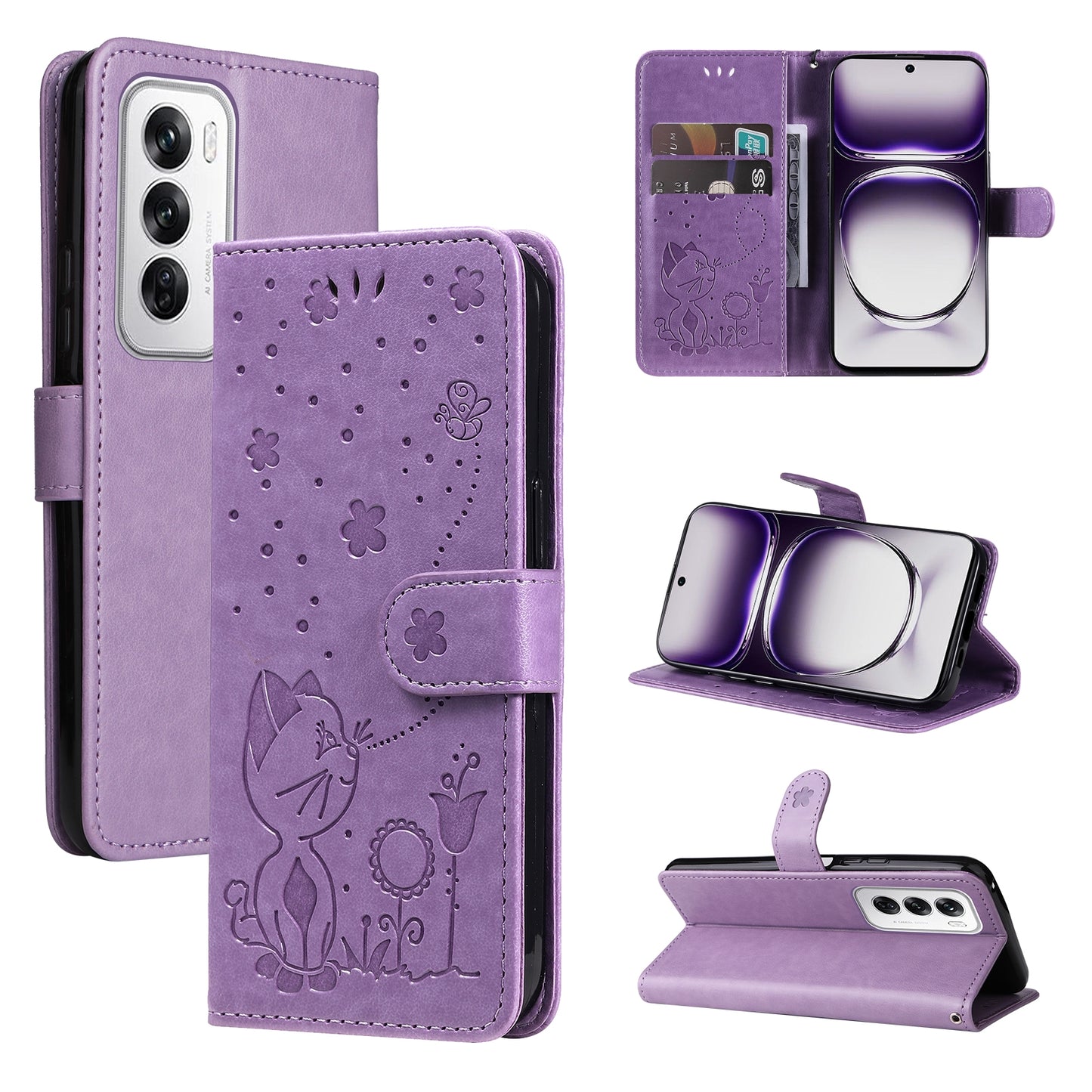 For OPPO Reno12 5G Cat and Bee Embossed Flip Leather Phone Case Wallet Cover with Card Slots Cash Pocket Magnetic Stand Protective Shockproof TPU PU Leather Case with Wrist Strap