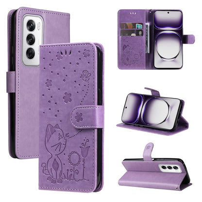 For OPPO Reno12 5G Cat and Bee Embossed Flip Leather Phone Case Wallet Cover with Card Slots Cash Pocket Magnetic Stand Protective Shockproof TPU PU Leather Case with Wrist Strap