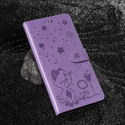 For OPPO Reno12 5G Cat and Bee Embossed Flip Leather Phone Case Wallet Cover with Card Slots Cash Pocket Magnetic Stand Protective Shockproof TPU PU Leather Case with Wrist Strap