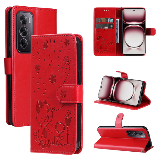 For OPPO Reno12 Pro 5G Cat and Bee Embossed Flip Leather Phone Case Wallet Cover with Card Slots Cash Pocket Magnetic Stand Protective Shockproof TPU PU Leather Case with Wrist Strap