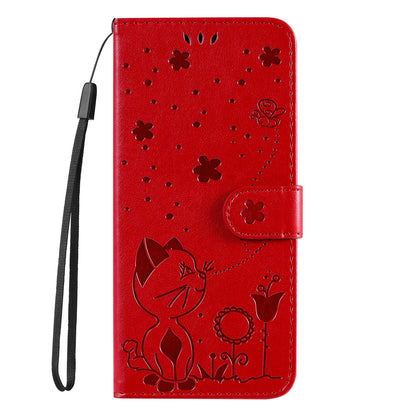 For OPPO Reno12 Pro 5G Cat and Bee Embossed Flip Leather Phone Case Wallet Cover with Card Slots Cash Pocket Magnetic Stand Protective Shockproof TPU PU Leather Case with Wrist Strap