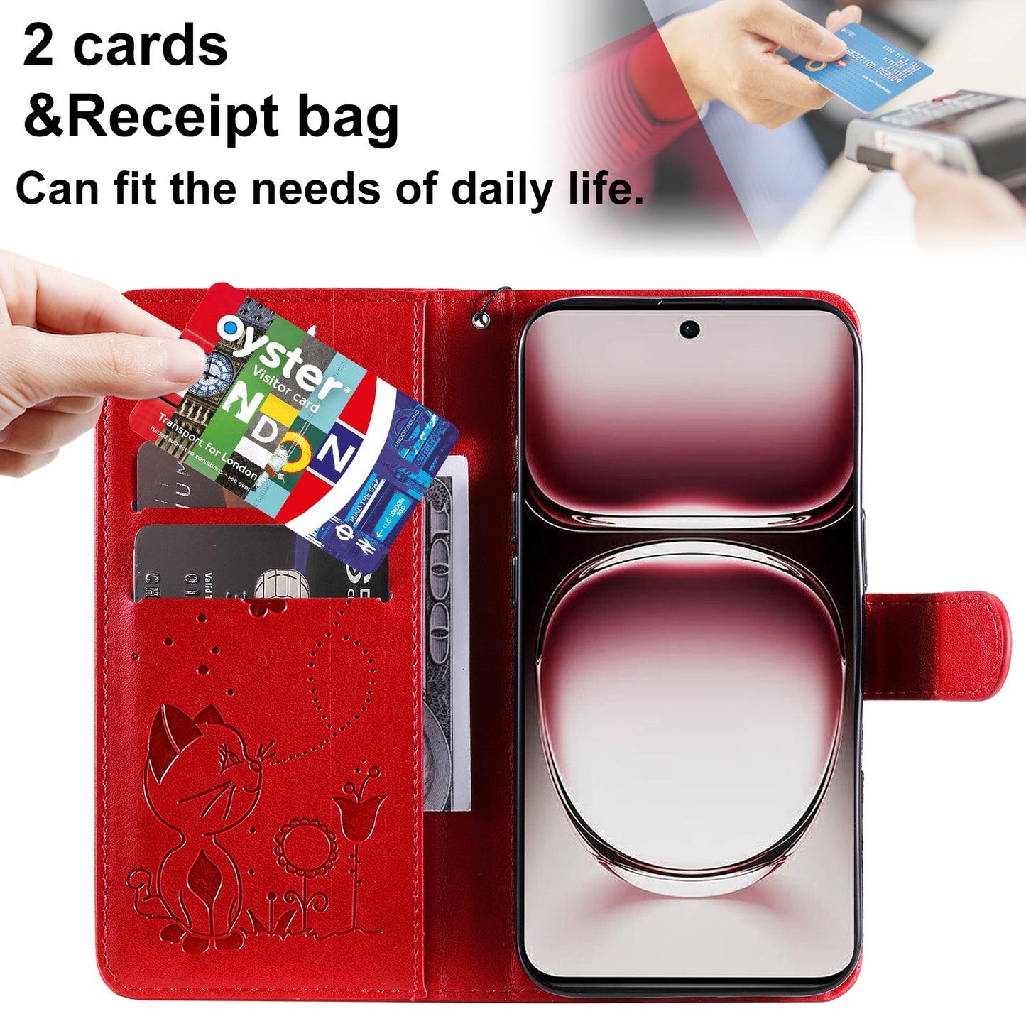 For OPPO Reno12 Pro 5G Cat and Bee Embossed Flip Leather Phone Case Wallet Cover with Card Slots Cash Pocket Magnetic Stand Protective Shockproof TPU PU Leather Case with Wrist Strap