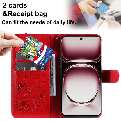 For OPPO Reno12 Pro 5G Cat and Bee Embossed Flip Leather Phone Case Wallet Cover with Card Slots Cash Pocket Magnetic Stand Protective Shockproof TPU PU Leather Case with Wrist Strap