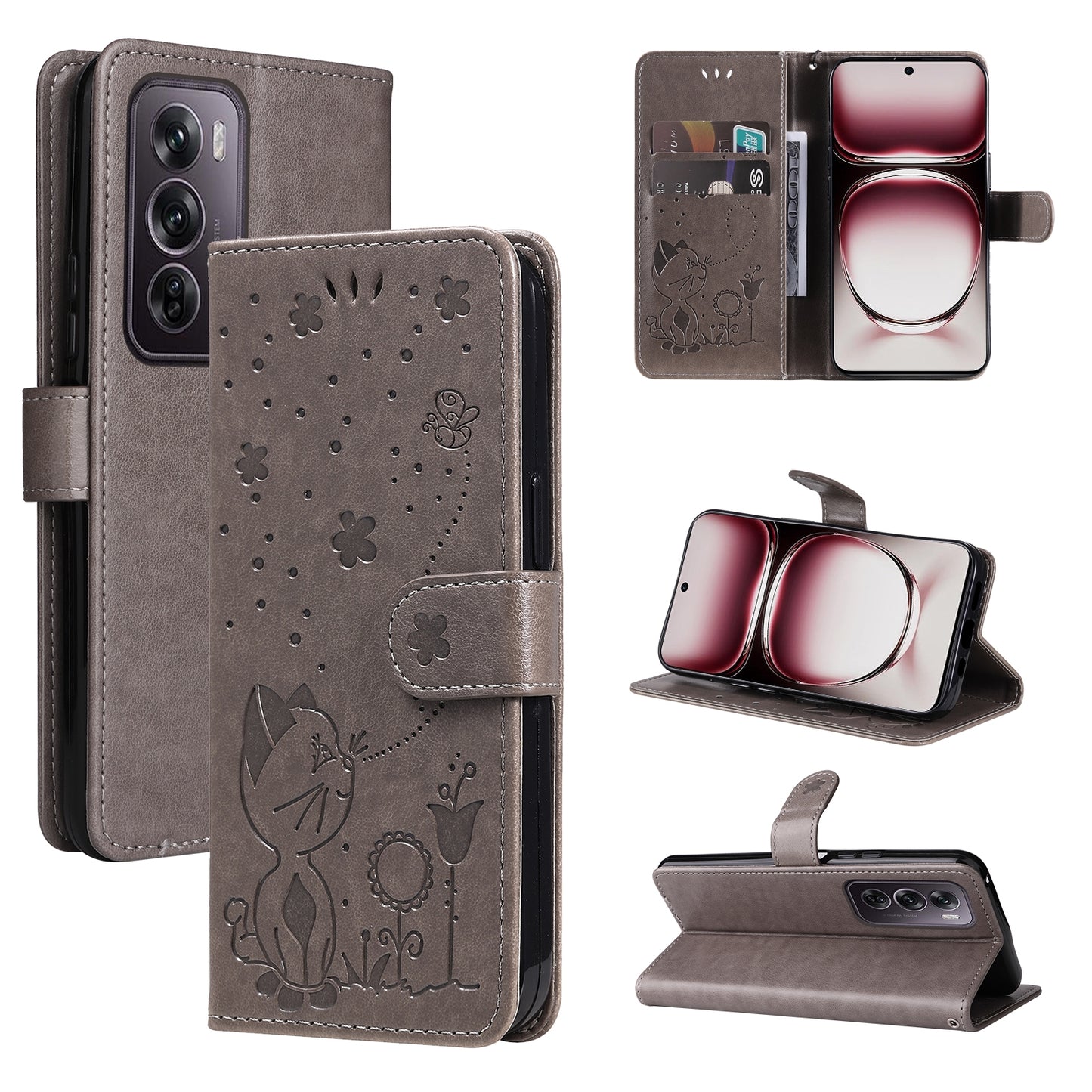 For OPPO Reno12 Pro 5G Cat and Bee Embossed Flip Leather Phone Case Wallet Cover with Card Slots Cash Pocket Magnetic Stand Protective Shockproof TPU PU Leather Case with Wrist Strap