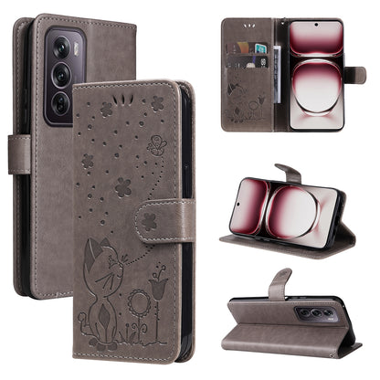For OPPO Reno12 Pro 5G Cat and Bee Embossed Flip Leather Phone Case Wallet Cover with Card Slots Cash Pocket Magnetic Stand Protective Shockproof TPU PU Leather Case with Wrist Strap