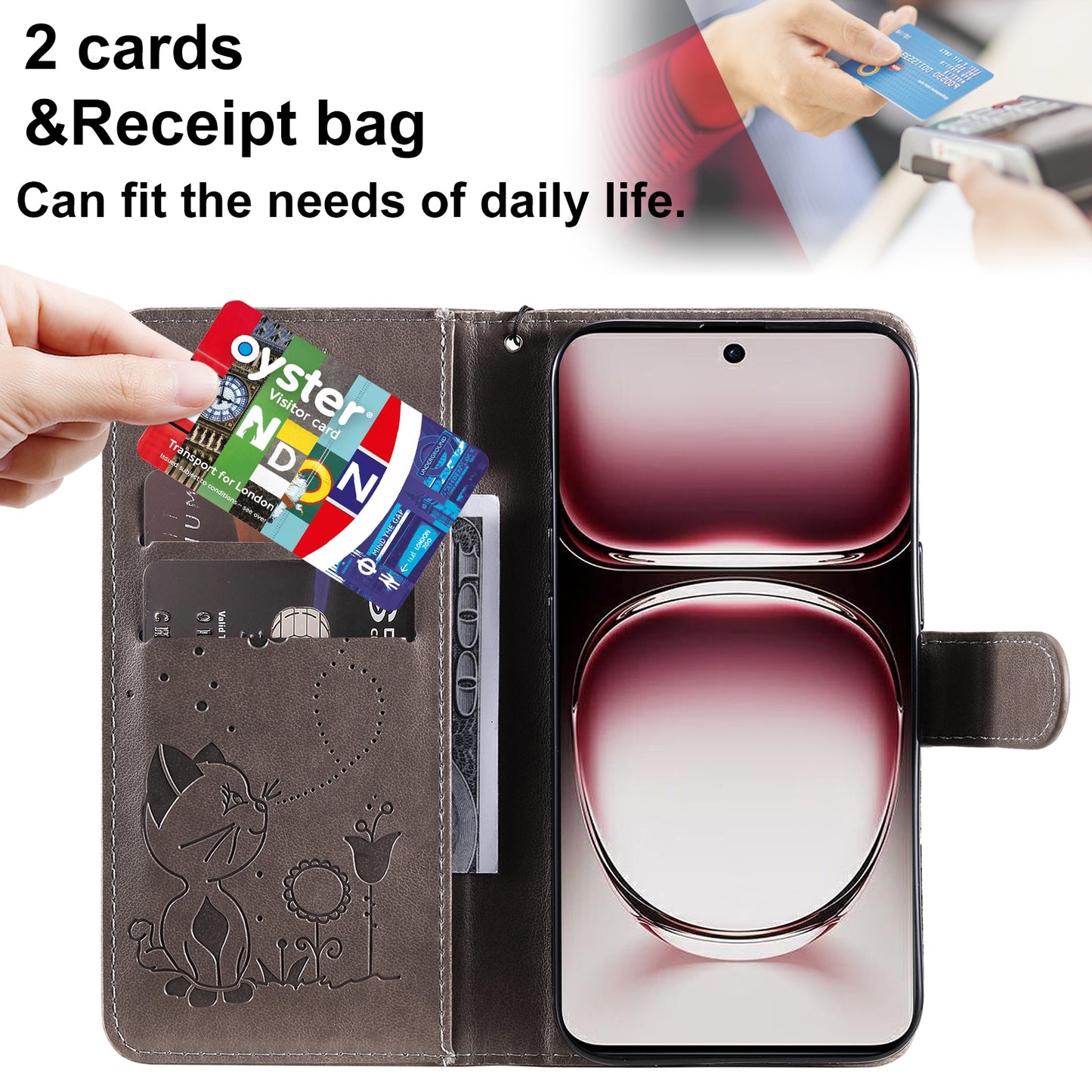 For OPPO Reno12 Pro 5G Cat and Bee Embossed Flip Leather Phone Case Wallet Cover with Card Slots Cash Pocket Magnetic Stand Protective Shockproof TPU PU Leather Case with Wrist Strap