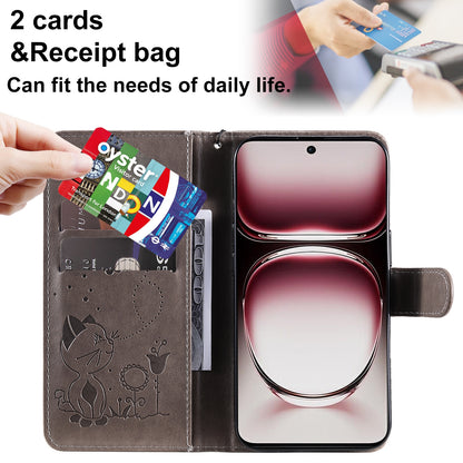 For OPPO Reno12 Pro 5G Cat and Bee Embossed Flip Leather Phone Case Wallet Cover with Card Slots Cash Pocket Magnetic Stand Protective Shockproof TPU PU Leather Case with Wrist Strap