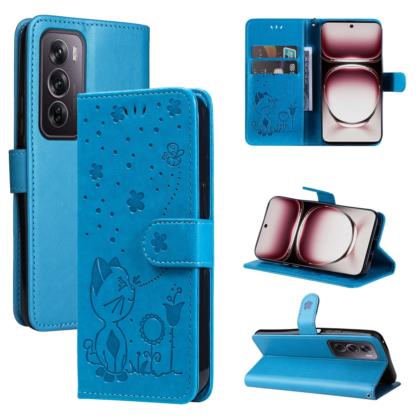 For OPPO Reno12 Pro 5G Cat and Bee Embossed Flip Leather Phone Case Wallet Cover with Card Slots Cash Pocket Magnetic Stand Protective Shockproof TPU PU Leather Case with Wrist Strap