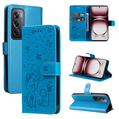 For OPPO Reno12 Pro 5G Cat and Bee Embossed Flip Leather Phone Case Wallet Cover with Card Slots Cash Pocket Magnetic Stand Protective Shockproof TPU PU Leather Case with Wrist Strap