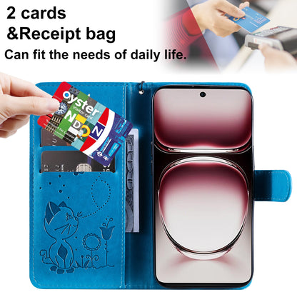 For OPPO Reno12 Pro 5G Cat and Bee Embossed Flip Leather Phone Case Wallet Cover with Card Slots Cash Pocket Magnetic Stand Protective Shockproof TPU PU Leather Case with Wrist Strap