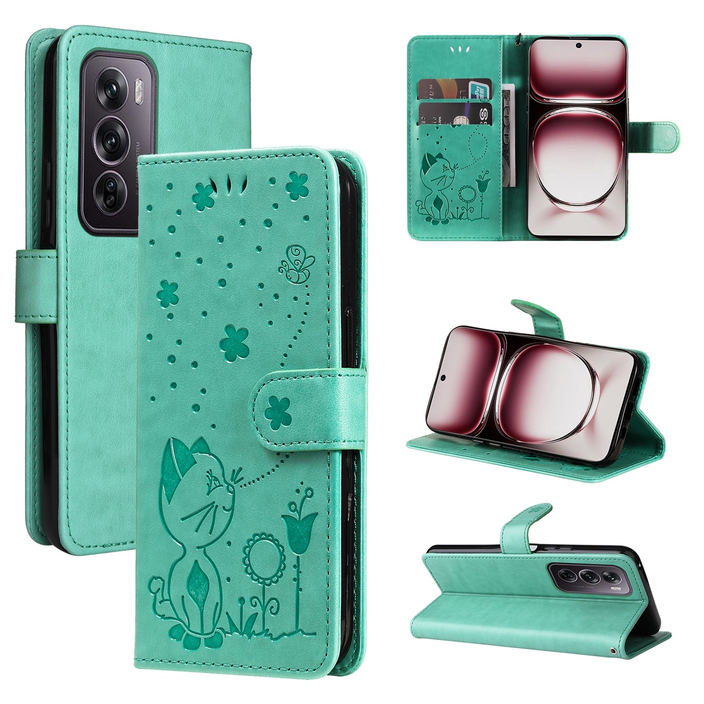 For OPPO Reno12 Pro 5G Cat and Bee Embossed Flip Leather Phone Case Wallet Cover with Card Slots Cash Pocket Magnetic Stand Protective Shockproof TPU PU Leather Case with Wrist Strap