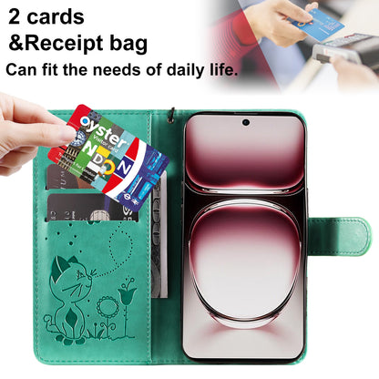 For OPPO Reno12 Pro 5G Cat and Bee Embossed Flip Leather Phone Case Wallet Cover with Card Slots Cash Pocket Magnetic Stand Protective Shockproof TPU PU Leather Case with Wrist Strap