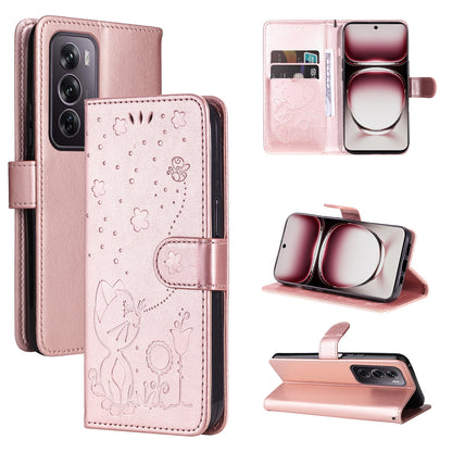 For OPPO Reno12 Pro 5G Cat and Bee Embossed Flip Leather Phone Case Wallet Cover with Card Slots Cash Pocket Magnetic Stand Protective Shockproof TPU PU Leather Case with Wrist Strap