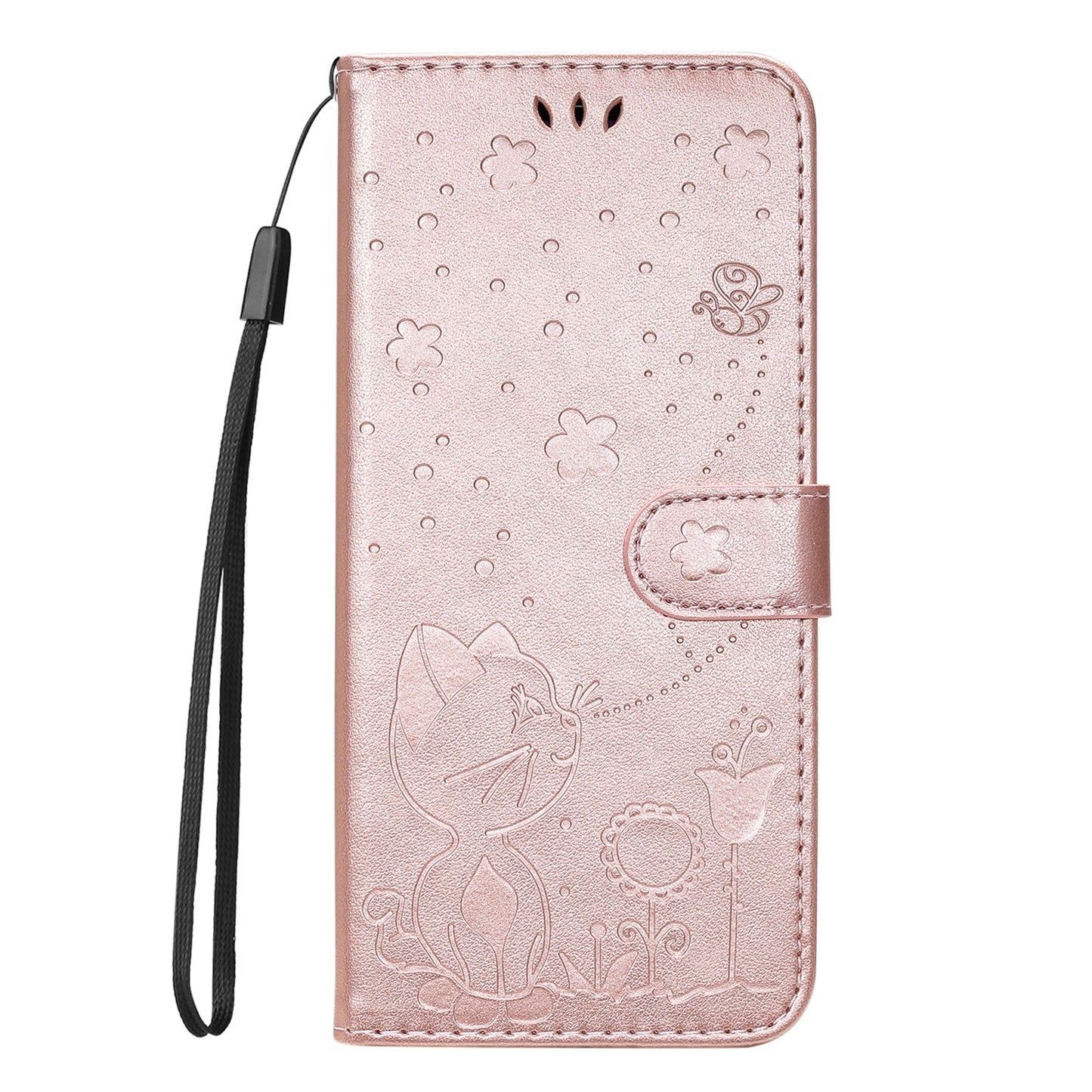 For OPPO Reno12 Pro 5G Cat and Bee Embossed Flip Leather Phone Case Wallet Cover with Card Slots Cash Pocket Magnetic Stand Protective Shockproof TPU PU Leather Case with Wrist Strap