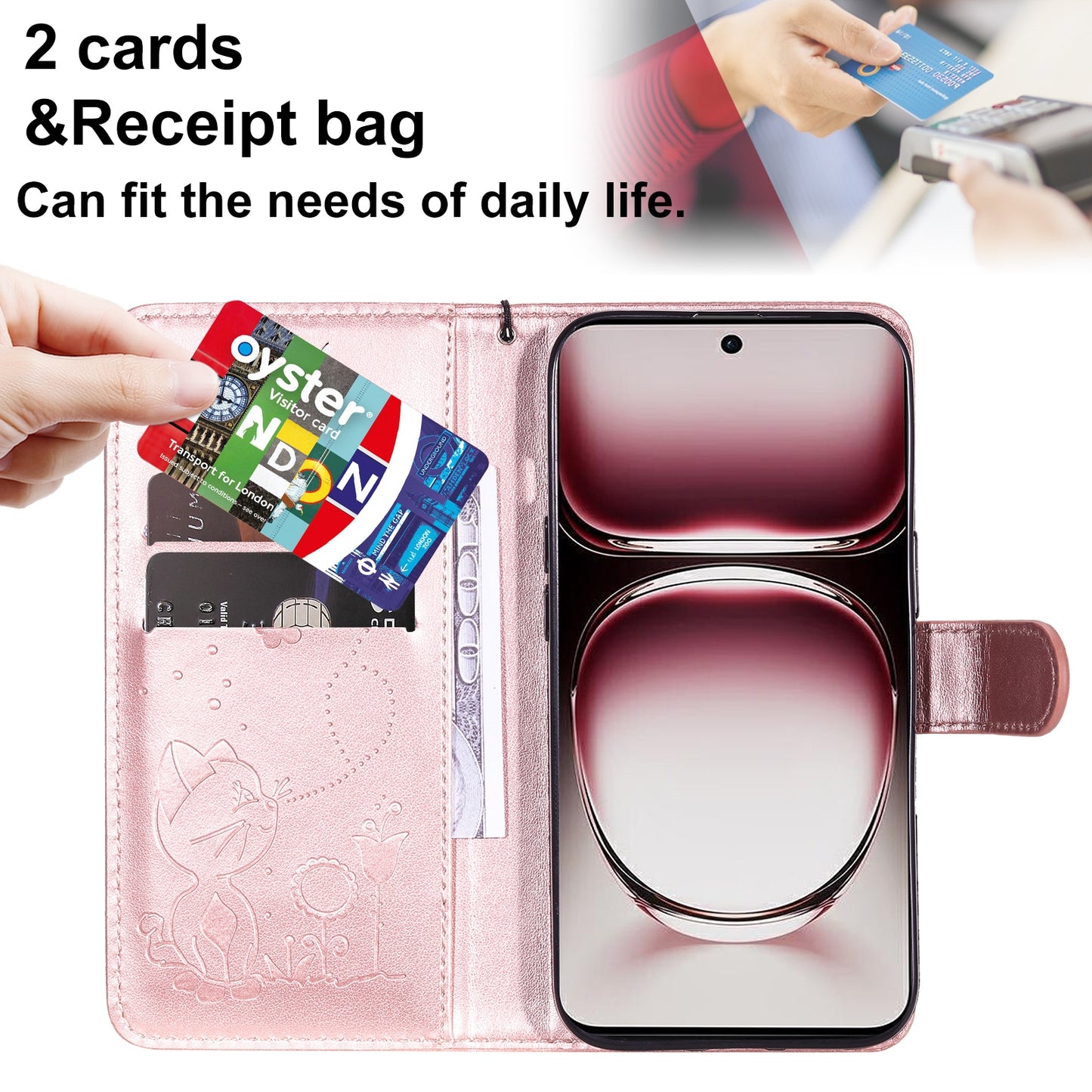 For OPPO Reno12 Pro 5G Cat and Bee Embossed Flip Leather Phone Case Wallet Cover with Card Slots Cash Pocket Magnetic Stand Protective Shockproof TPU PU Leather Case with Wrist Strap