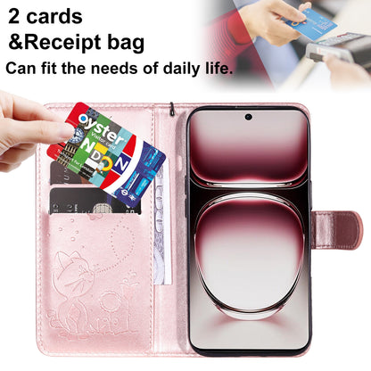 For OPPO Reno12 Pro 5G Cat and Bee Embossed Flip Leather Phone Case Wallet Cover with Card Slots Cash Pocket Magnetic Stand Protective Shockproof TPU PU Leather Case with Wrist Strap
