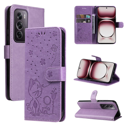 For OPPO Reno12 Pro 5G Cat and Bee Embossed Flip Leather Phone Case Wallet Cover with Card Slots Cash Pocket Magnetic Stand Protective Shockproof TPU PU Leather Case with Wrist Strap