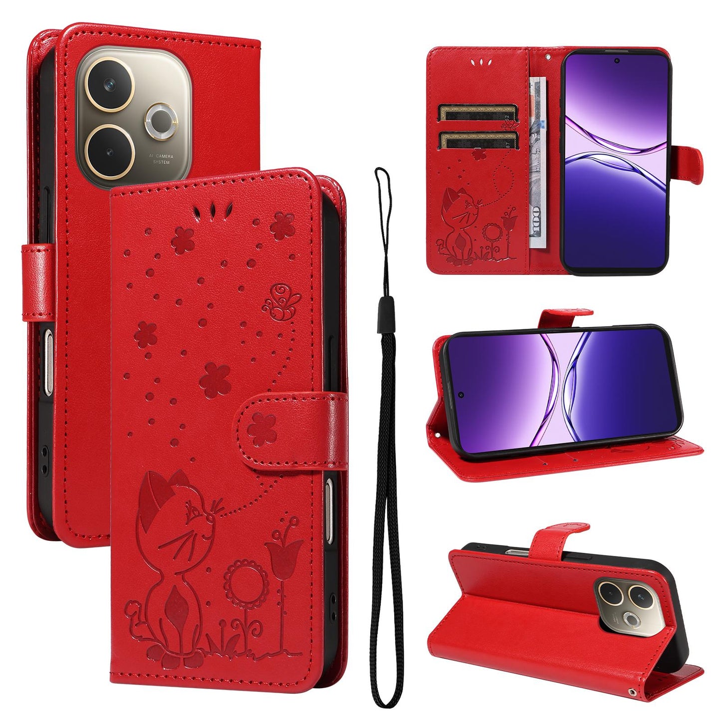 For OPPO A5 Pro 5G Cat and Bee Embossed Flip Leather Phone Case Wallet Cover with Card Slots Cash Pocket Magnetic Stand Protective Shockproof TPU PU Leather Case with Wrist Strap