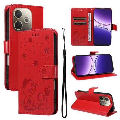 For OPPO A5 Pro 5G Cat and Bee Embossed Flip Leather Phone Case Wallet Cover with Card Slots Cash Pocket Magnetic Stand Protective Shockproof TPU PU Leather Case with Wrist Strap
