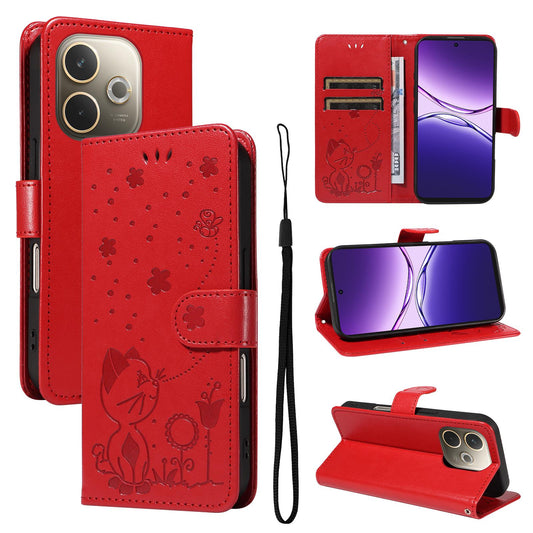For OPPO A5 Pro 5G Cat and Bee Embossed Flip Leather Phone Case Wallet Cover with Card Slots Cash Pocket Magnetic Stand Protective Shockproof TPU PU Leather Case with Wrist Strap