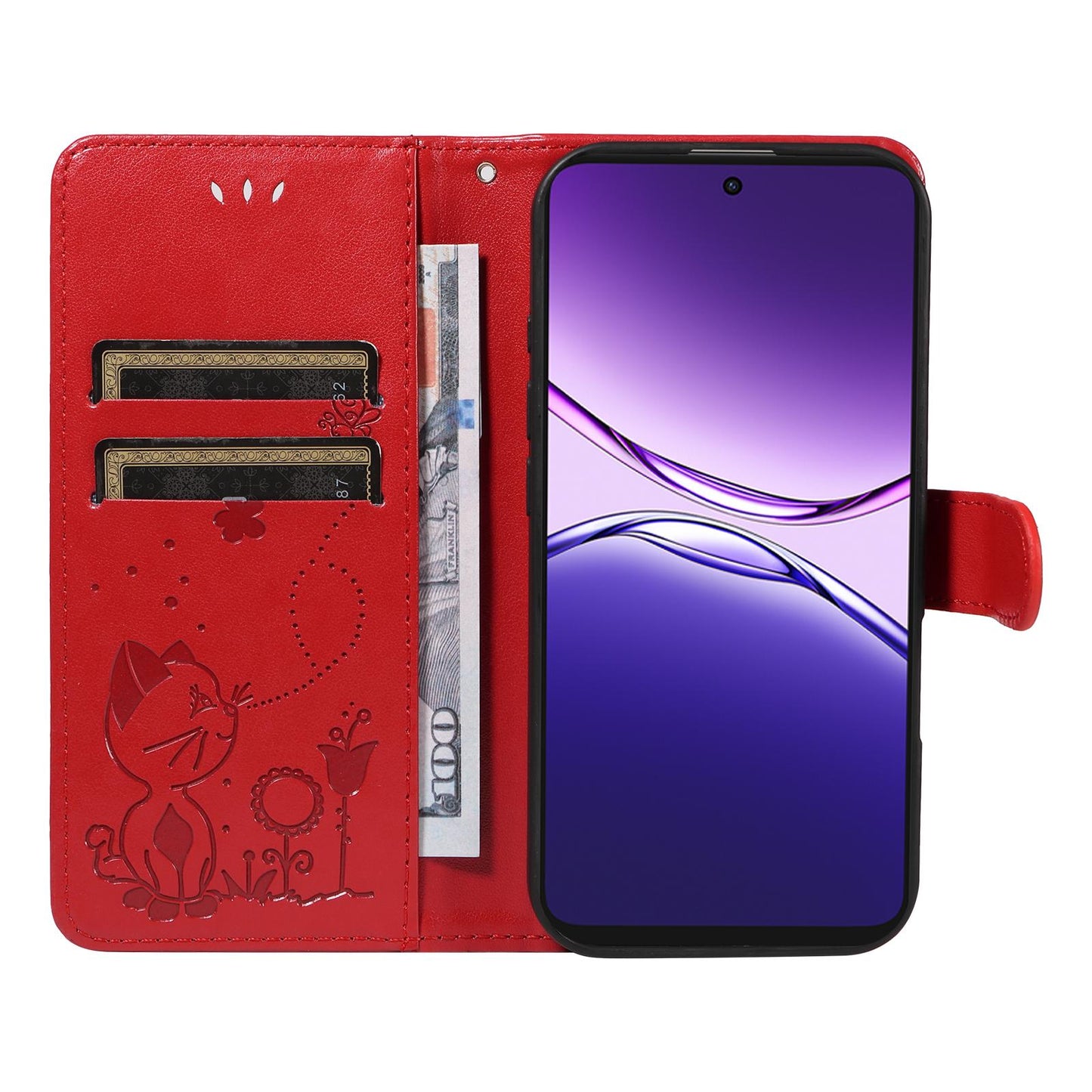 For OPPO A5 Pro 5G Cat and Bee Embossed Flip Leather Phone Case Wallet Cover with Card Slots Cash Pocket Magnetic Stand Protective Shockproof TPU PU Leather Case with Wrist Strap