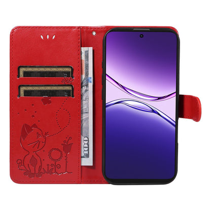 For OPPO A5 Pro 5G Cat and Bee Embossed Flip Leather Phone Case Wallet Cover with Card Slots Cash Pocket Magnetic Stand Protective Shockproof TPU PU Leather Case with Wrist Strap