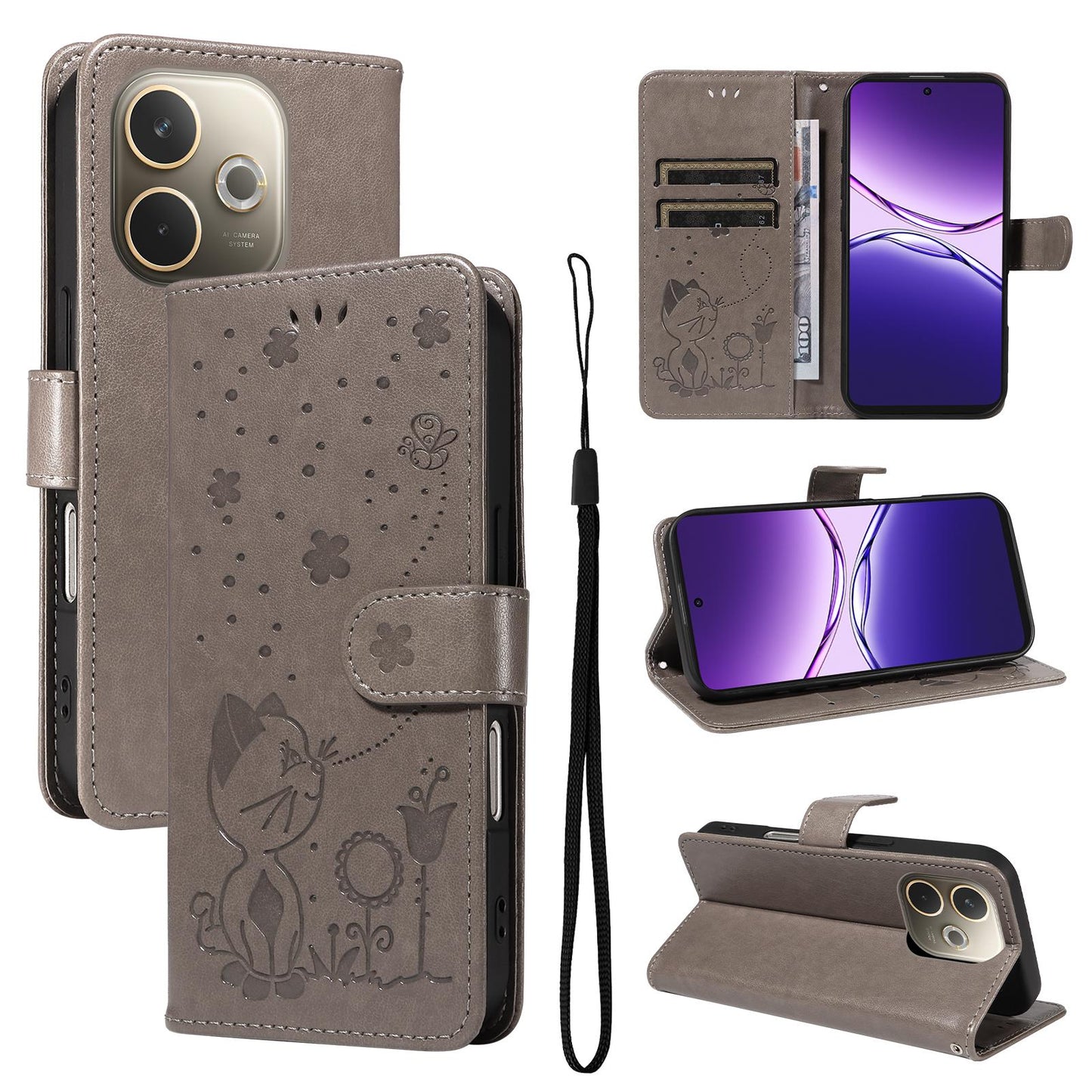For OPPO A5 Pro 5G Cat and Bee Embossed Flip Leather Phone Case Wallet Cover with Card Slots Cash Pocket Magnetic Stand Protective Shockproof TPU PU Leather Case with Wrist Strap