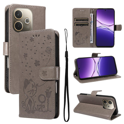 For OPPO A5 Pro 5G Cat and Bee Embossed Flip Leather Phone Case Wallet Cover with Card Slots Cash Pocket Magnetic Stand Protective Shockproof TPU PU Leather Case with Wrist Strap