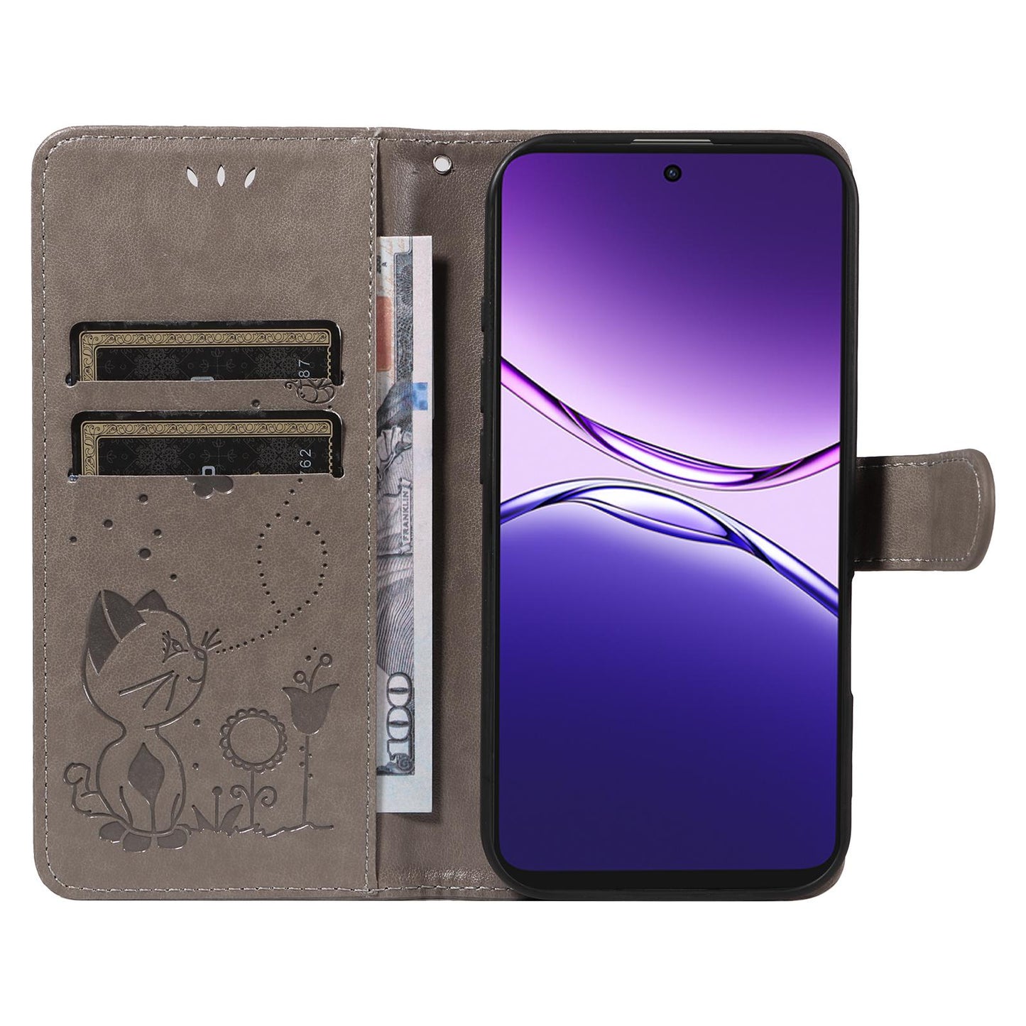For OPPO A5 Pro 5G Cat and Bee Embossed Flip Leather Phone Case Wallet Cover with Card Slots Cash Pocket Magnetic Stand Protective Shockproof TPU PU Leather Case with Wrist Strap