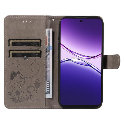 For OPPO A5 Pro 5G Cat and Bee Embossed Flip Leather Phone Case Wallet Cover with Card Slots Cash Pocket Magnetic Stand Protective Shockproof TPU PU Leather Case with Wrist Strap