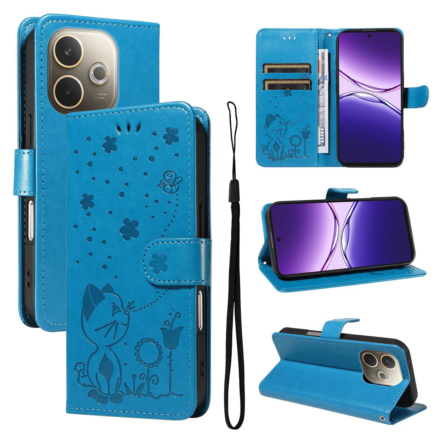 For OPPO A5 Pro 5G Cat and Bee Embossed Flip Leather Phone Case Wallet Cover with Card Slots Cash Pocket Magnetic Stand Protective Shockproof TPU PU Leather Case with Wrist Strap