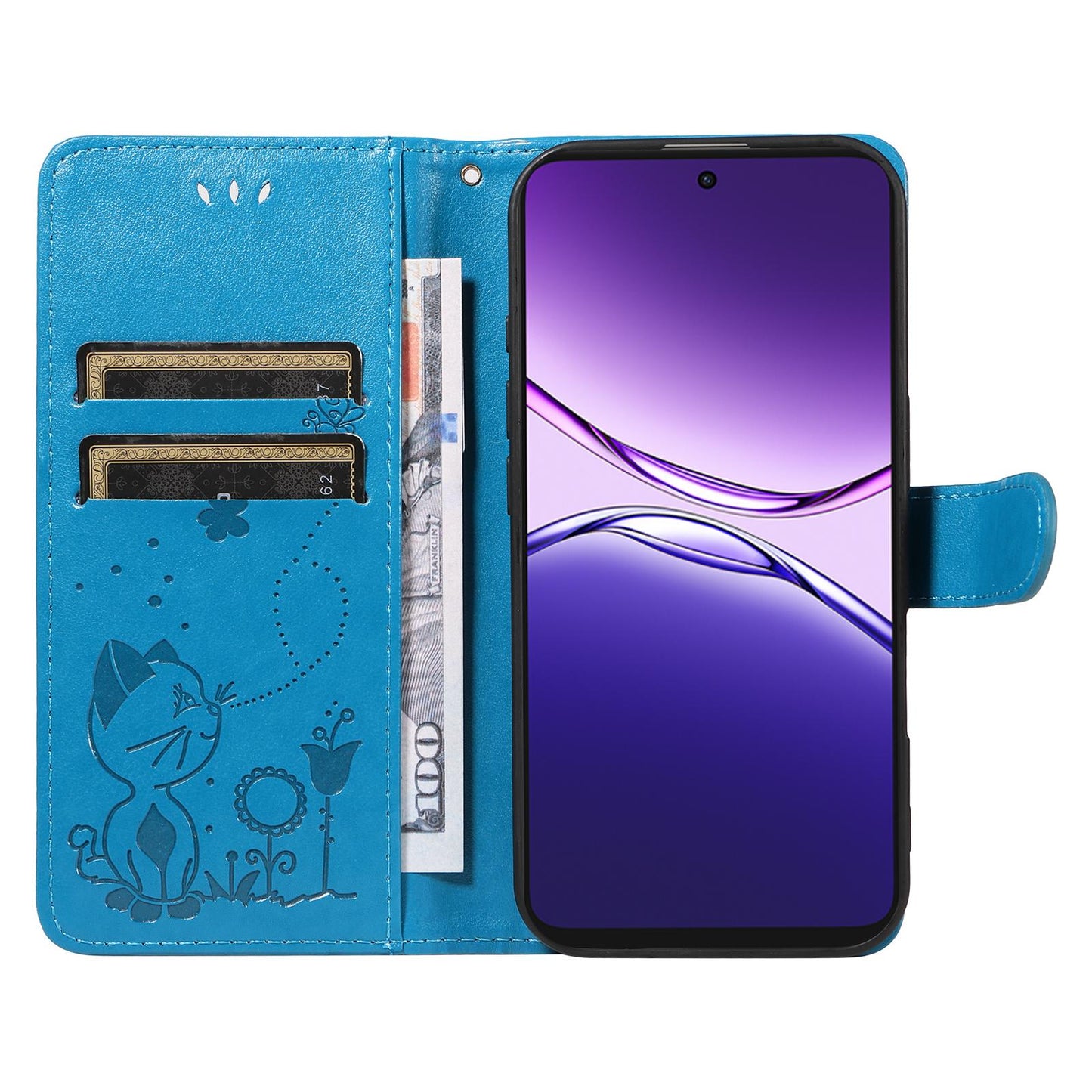 For OPPO A5 Pro 5G Cat and Bee Embossed Flip Leather Phone Case Wallet Cover with Card Slots Cash Pocket Magnetic Stand Protective Shockproof TPU PU Leather Case with Wrist Strap